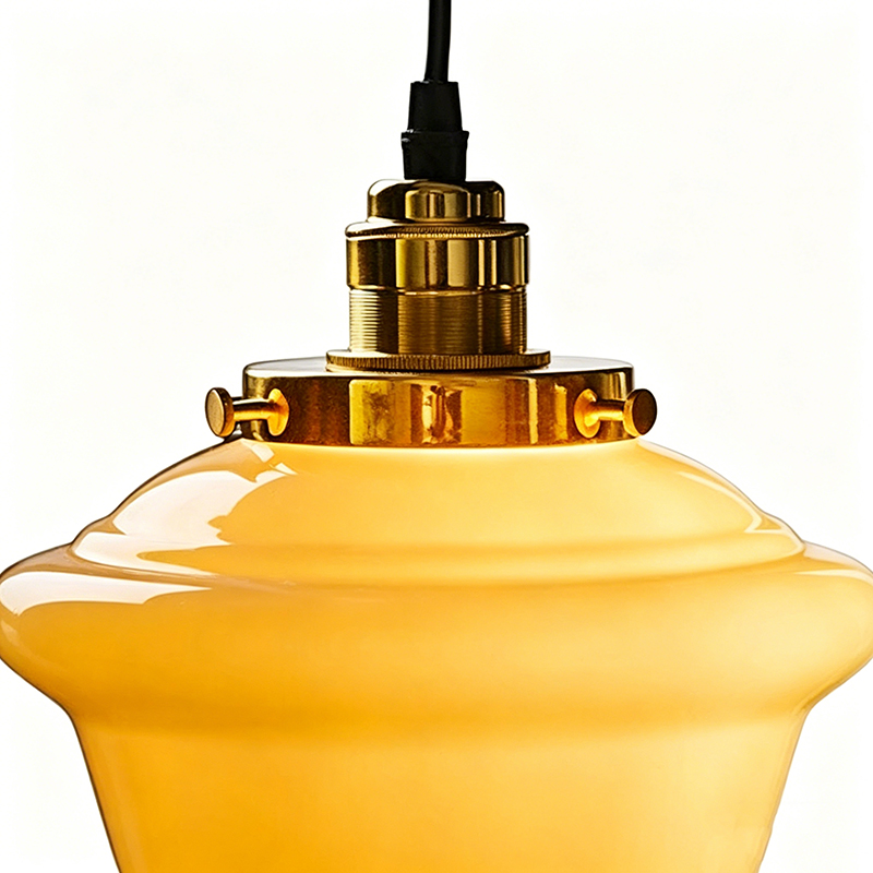 Vintage Amber Glass & Brass Schoolhouse Pendant Light - Image 2