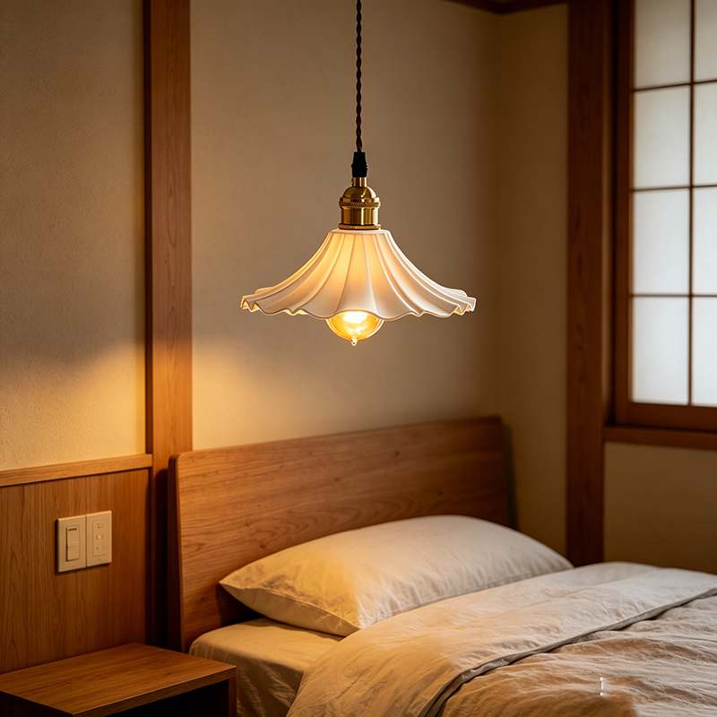 Brass & Ceramic Ruffled Pendant Light Duo
