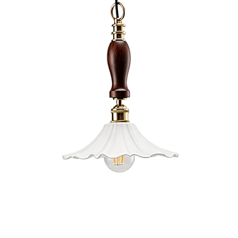 Brass, Wood & Ceramic Ruffled Pendant Light Set - Image 3