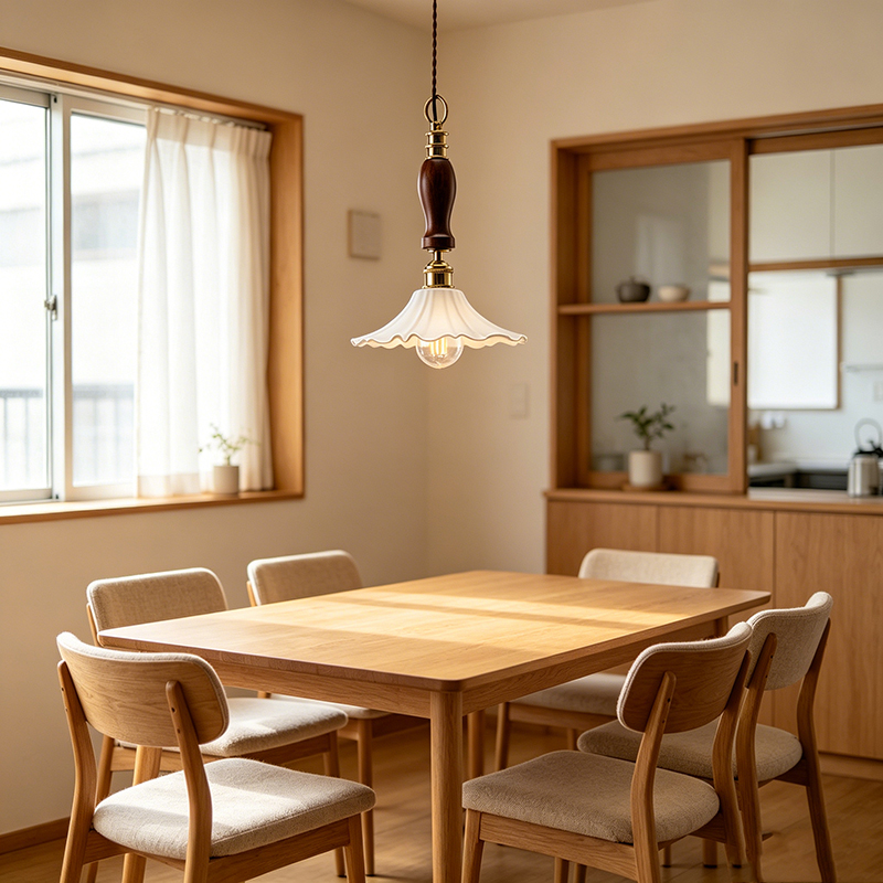 Brass, Wood & Ceramic Ruffled Pendant Light Set