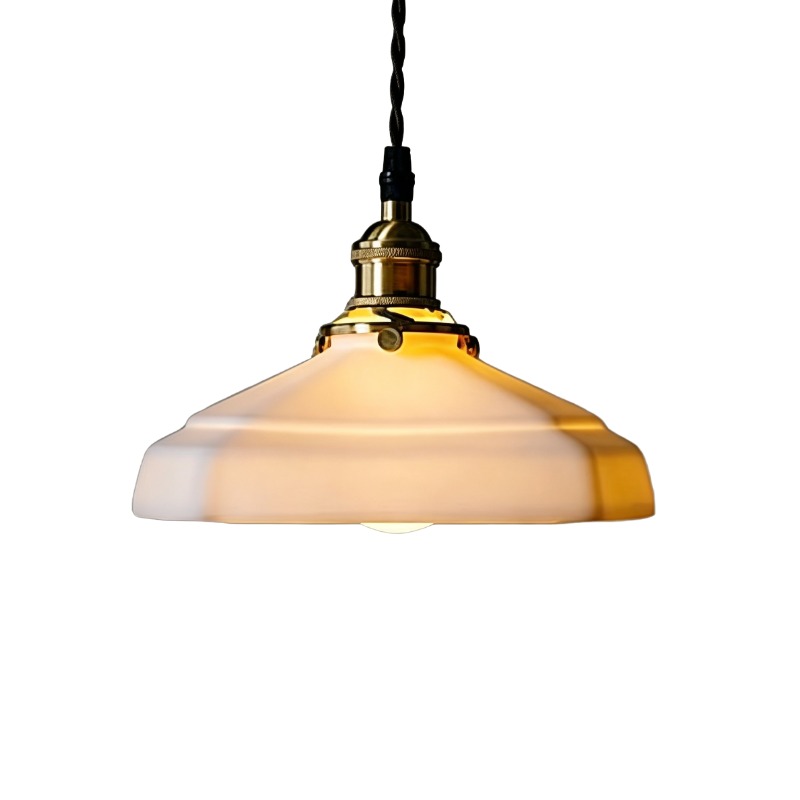 Brass & Cream Ceramic Schoolhouse Pendant Light - Image 3