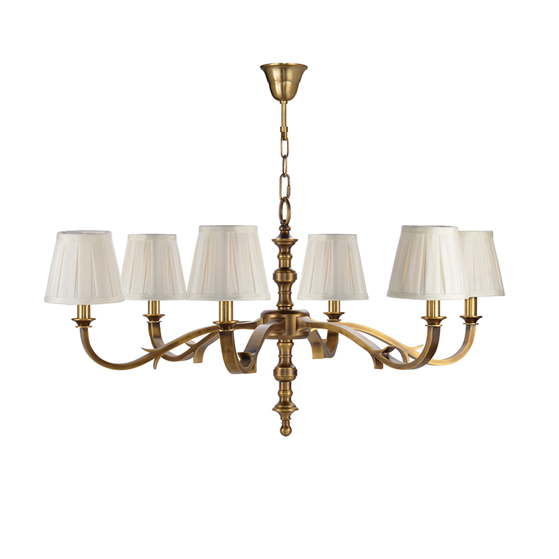 Antique Brass Chandelier With Pleated Fabric Shades - Image 3