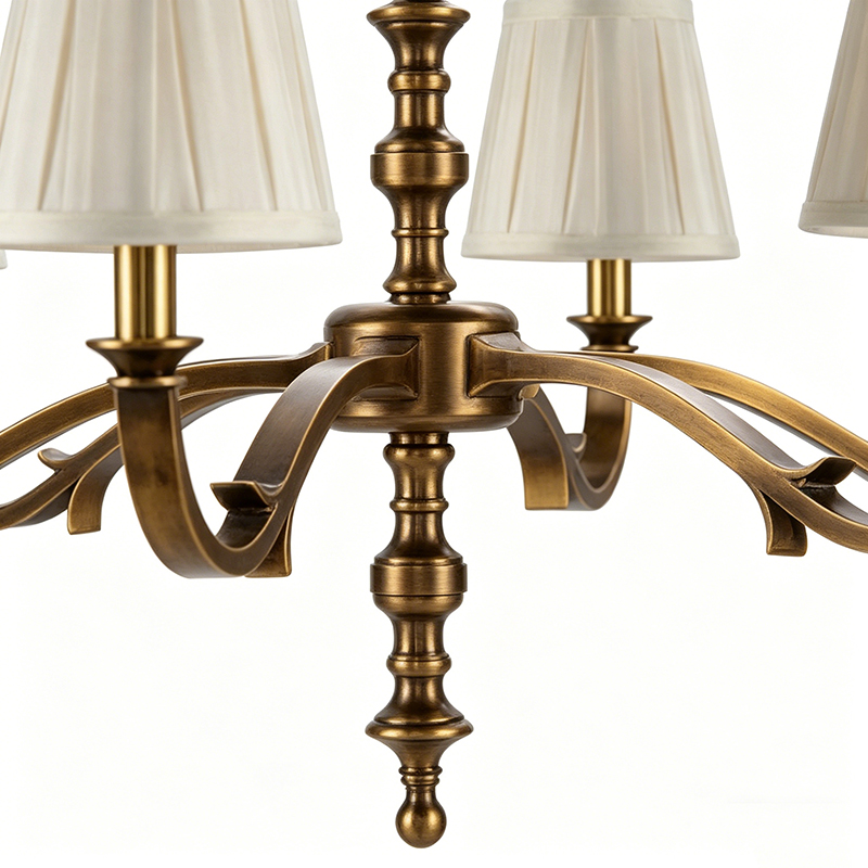 Antique Brass Chandelier With Pleated Fabric Shades - Image 2