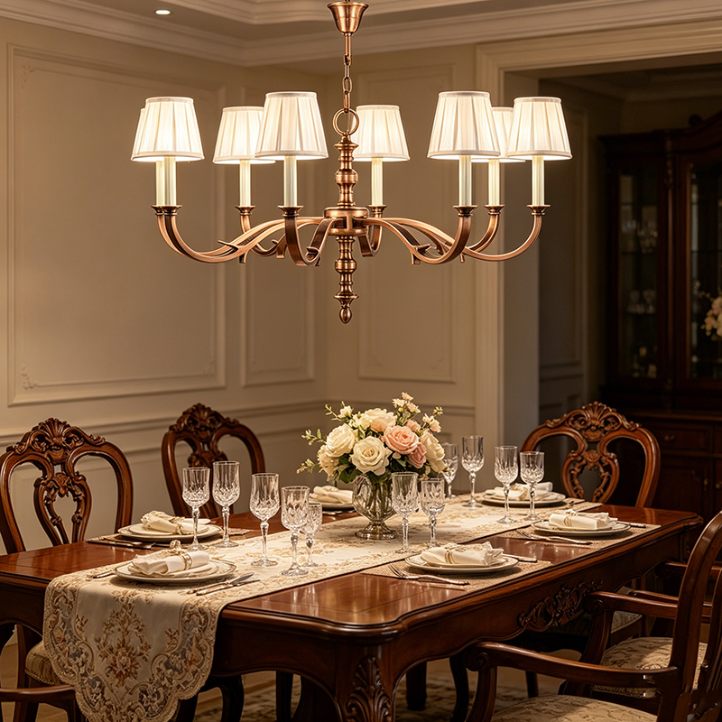 Antique Brass Chandelier With Pleated Fabric Shades - Image 4