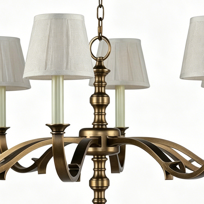 Antique Brass Chandelier With Pleated Fabric Shades - Image 5
