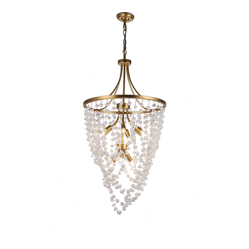 Antique Gold Metal & Alabaster Drop Chandelier Duo - Image 2