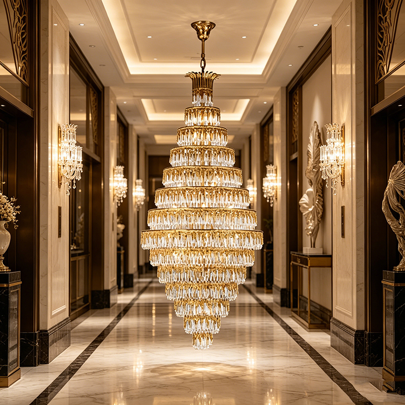 Grand Tiered Brass & Crystal Spire Chandelier