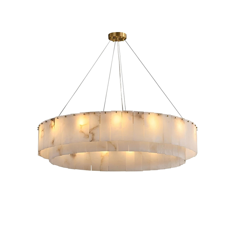 Modern Brass & Alabaster Tiered Chandelier Duo - Image 3