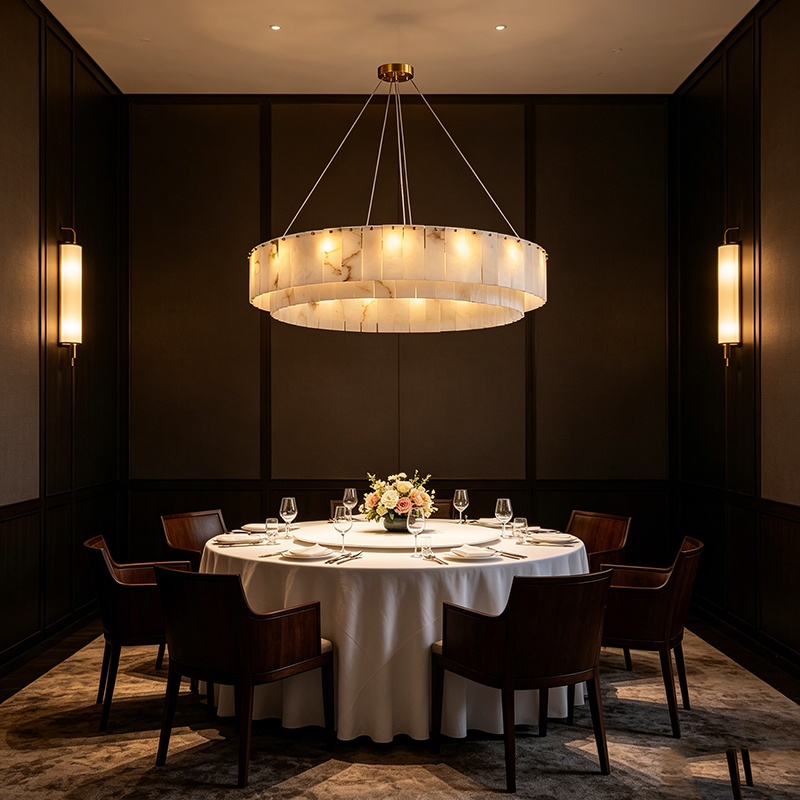 Modern Brass & Alabaster Tiered Chandelier Duo - Image 2