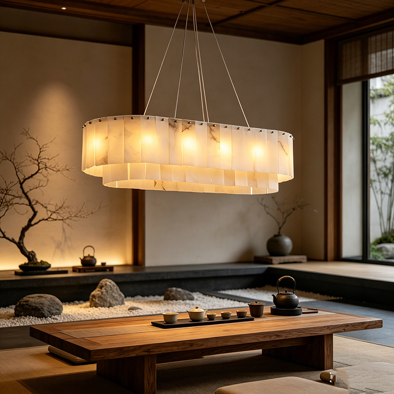 Modern Brass & Alabaster Tiered Chandelier Duo - Image 5