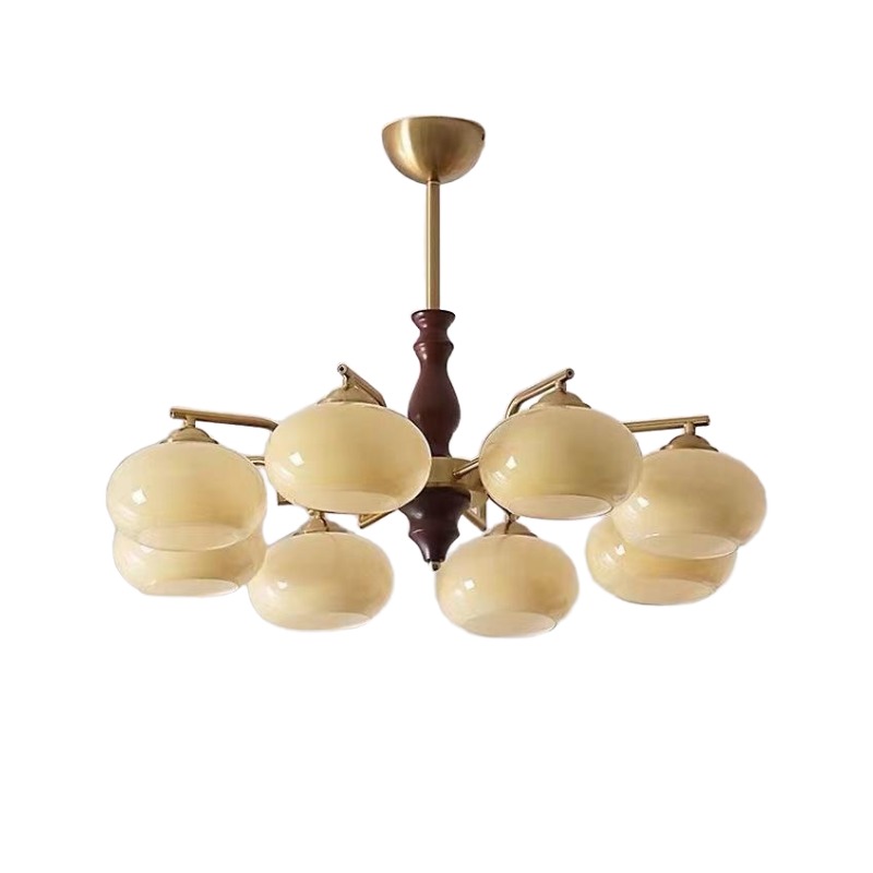 Vintage Brass & Wood Chandelier With Cream Glass Globes - Image 3