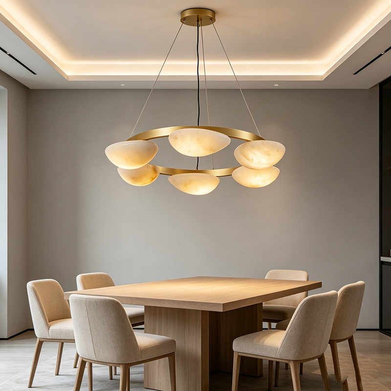 Contemporary Brass Ring Chandelier With Alabaster Shades