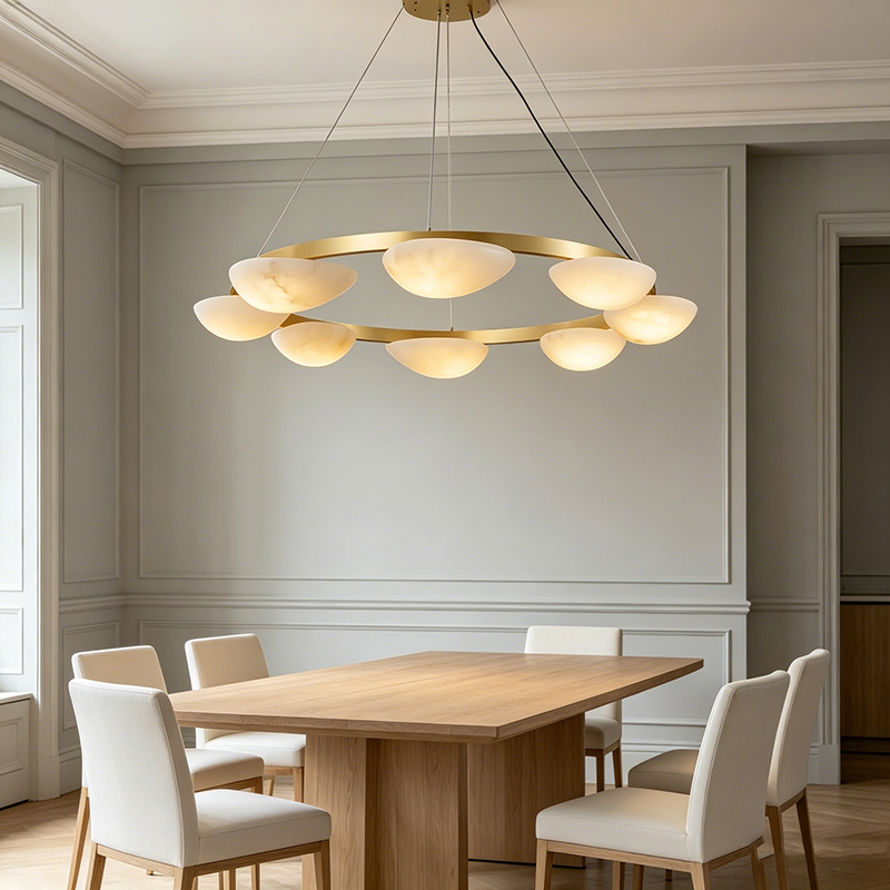 Contemporary Brass Ring Chandelier With Alabaster Shades - Image 4