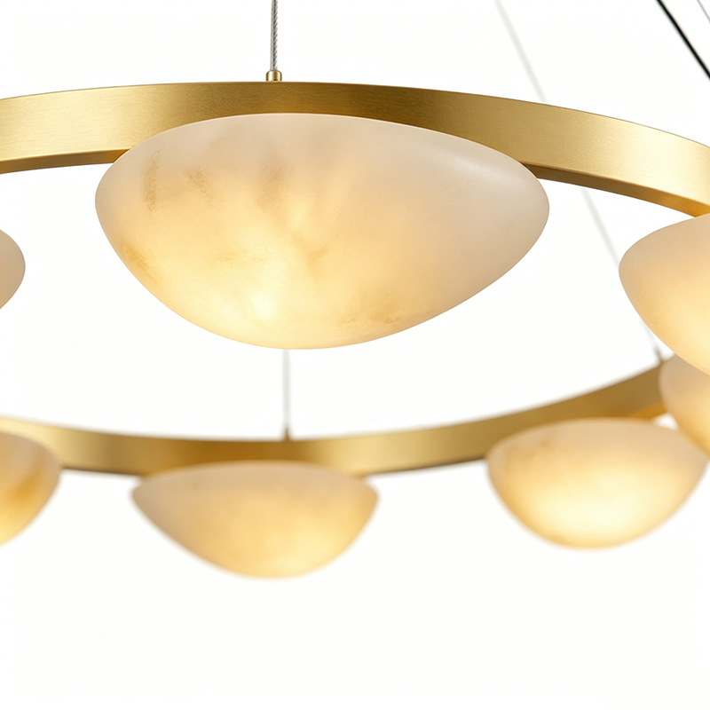 Contemporary Brass Ring Chandelier With Alabaster Shades - Image 5