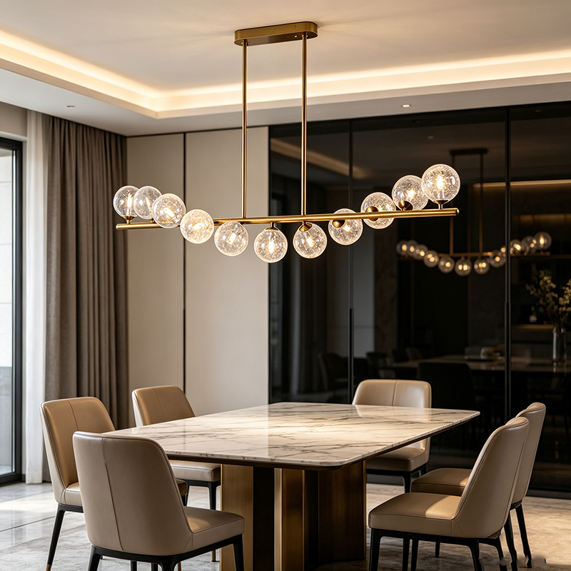 Linear Brass Chandelier With Crackle Glass Globes - Image 5