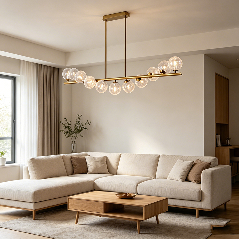 Linear Brass Chandelier With Crackle Glass Globes - Image 4