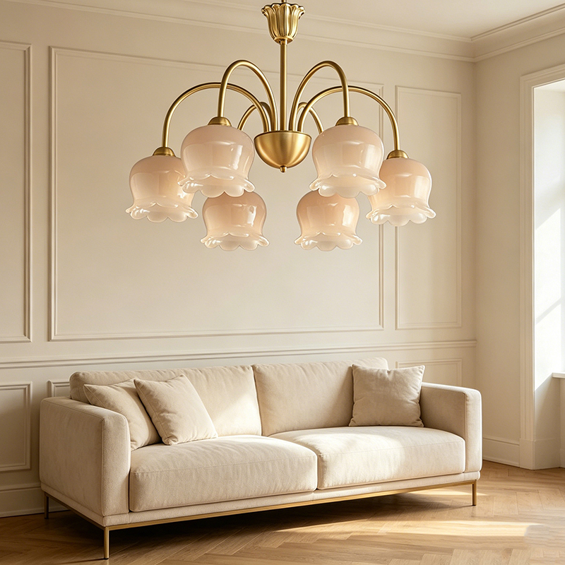 Minimalist Brass Chandelier With Tulip Resin Shades - Image 4