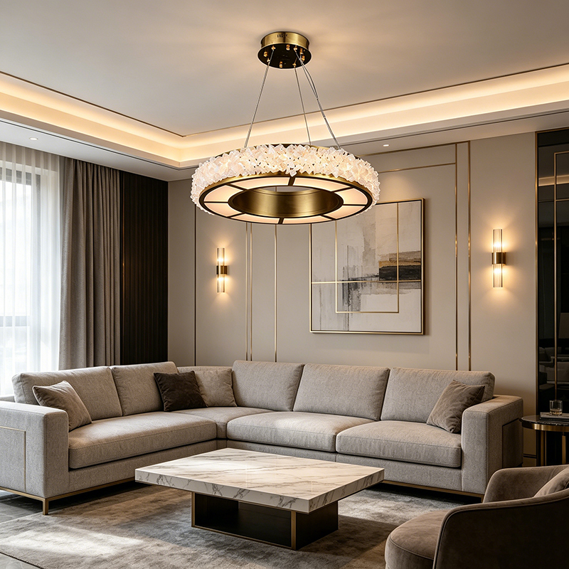 Brushed Stainless Steel Natural Crystal Ring Chandelier - Image 2