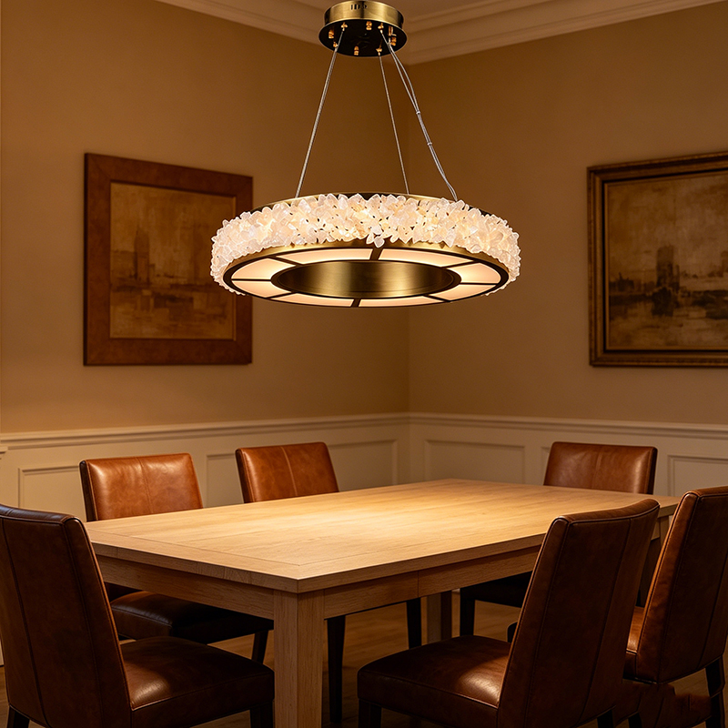 Brushed Stainless Steel Natural Crystal Ring Chandelier