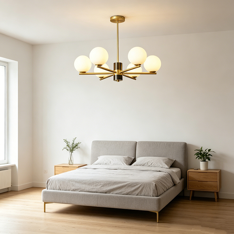 Modern Brass & Opal Glass Globe Chandelier Series - Image 4