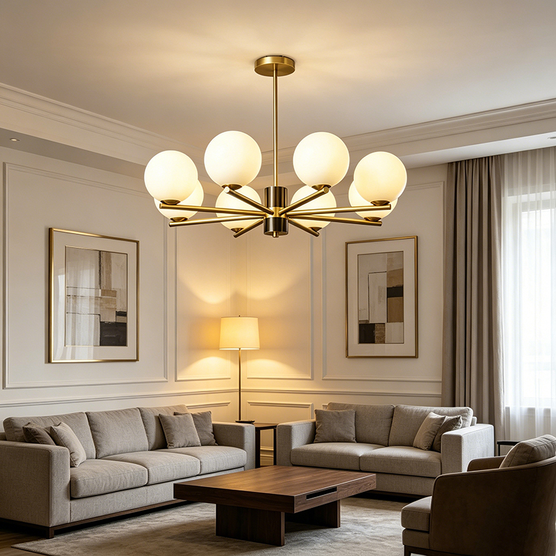 Modern Brass & Opal Glass Globe Chandelier Series - Image 7