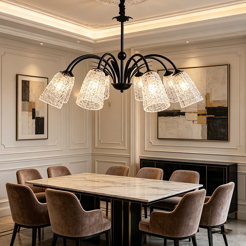 Black Iron Chandelier Series With Textured Glass Shades