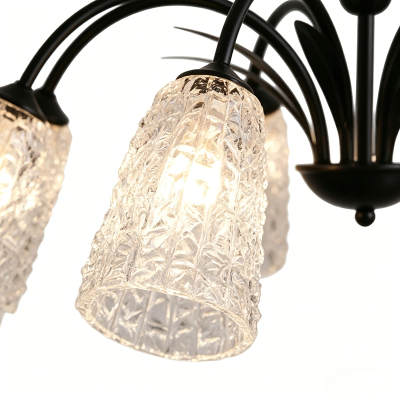 Black Iron Chandelier Series With Textured Glass Shades - Image 2