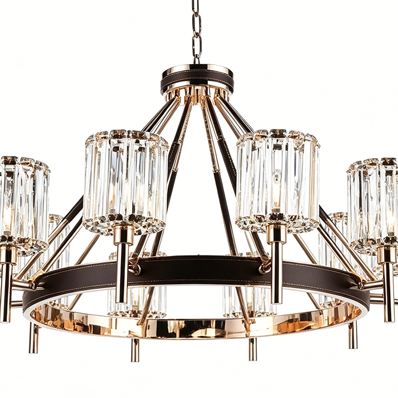 Polished Metal & Leather-Wrapped Crystal Chandelier Collection - Image 2