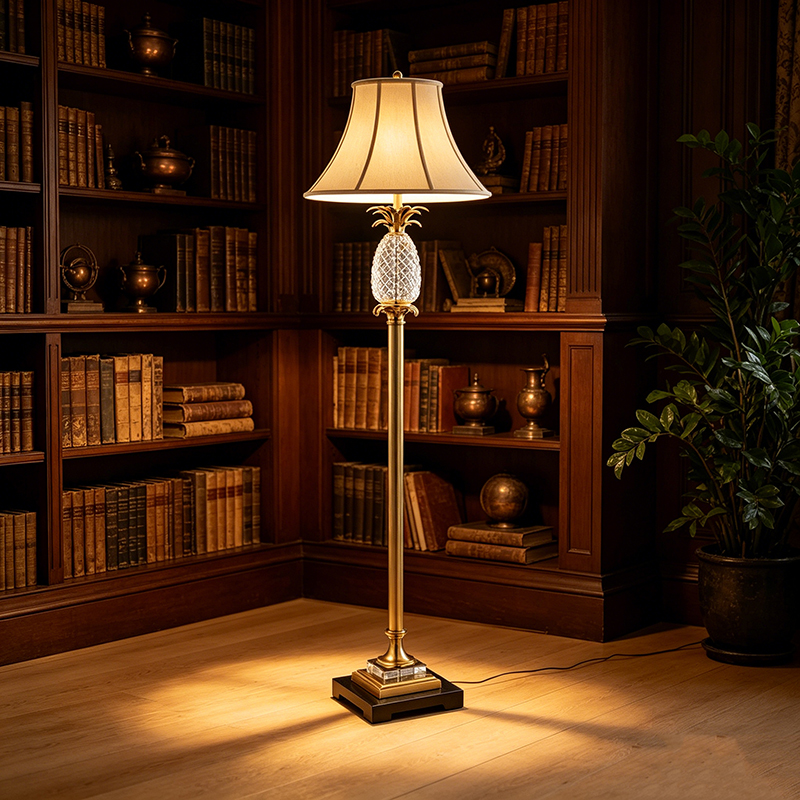 Traditional Brass Floor Lamp With Crystal Glass & Fabric Shade - Image 2