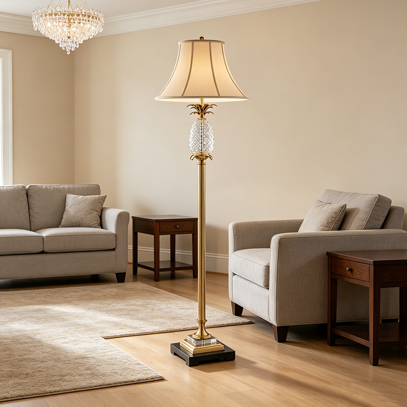Traditional Brass Floor Lamp With Crystal Glass & Fabric Shade