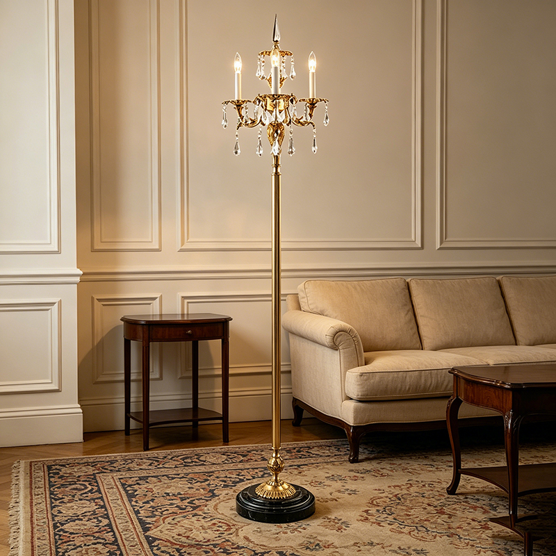 French Style Brass Crystal Candelabra Floor Lamp With Marble Base