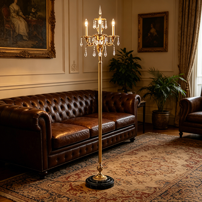 French Style Brass Crystal Candelabra Floor Lamp With Marble Base - Image 2