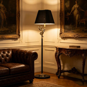 Classic Brass Floor Lamp Duo With Black Fabric Shades