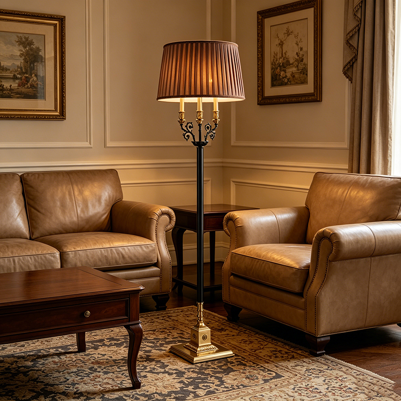 Two-Tone Brass & Black Floor Lamp With Pleated Fabric Shade
