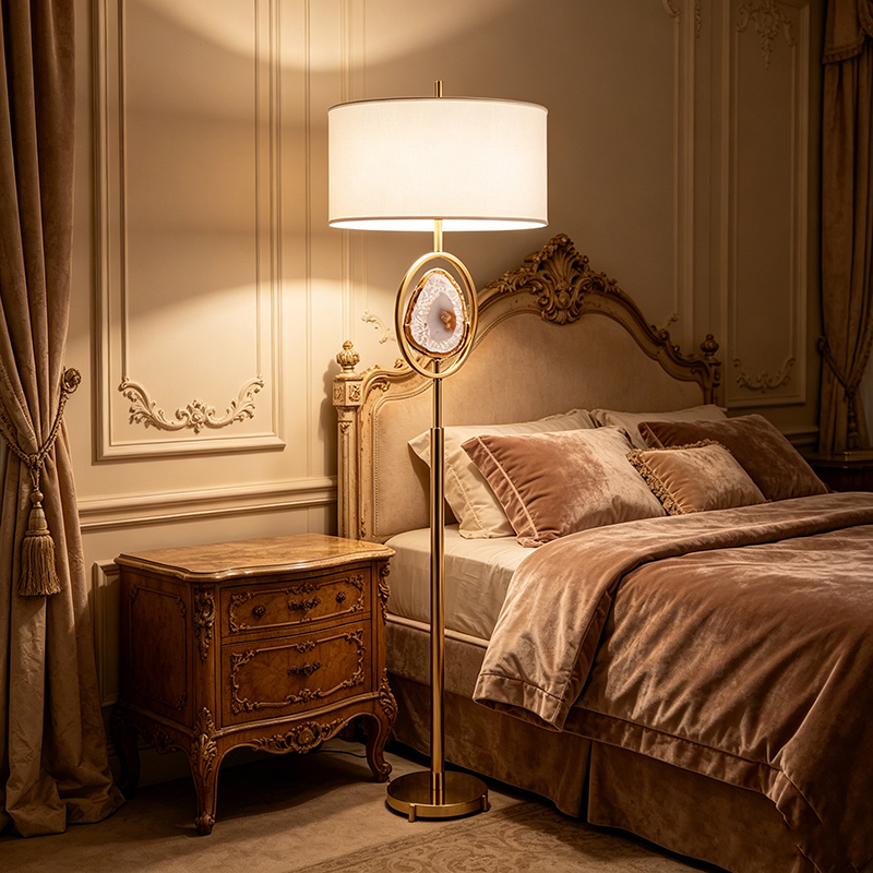 Agate Inset Brass Floor Lamp With Fabric Shade