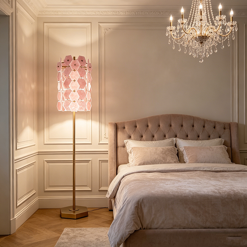 Geometric Rose Quartz & Brass Floor Lamp - Image 2