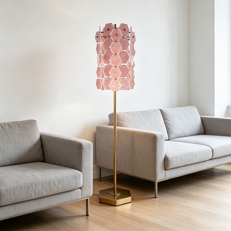 Geometric Rose Quartz & Brass Floor Lamp