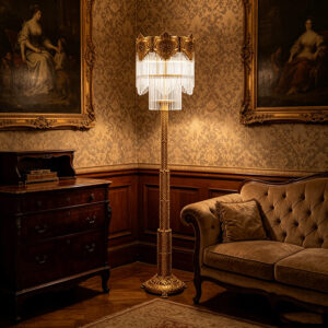 Art Deco Brass Floor Lamp With Clear Glass Rod Fringe