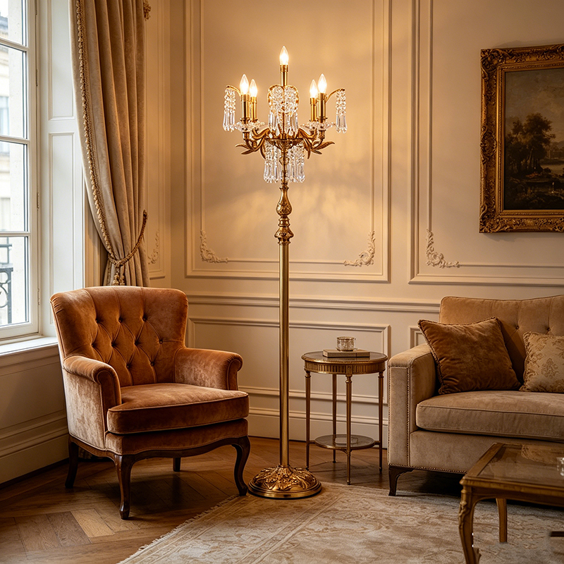Regal Brass & Crystal Candelabra-Style Floor Lamp