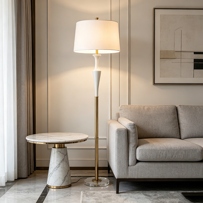 Modern Minimalist Floor Lamp With Marble, Crystal Base & Fabric Shade