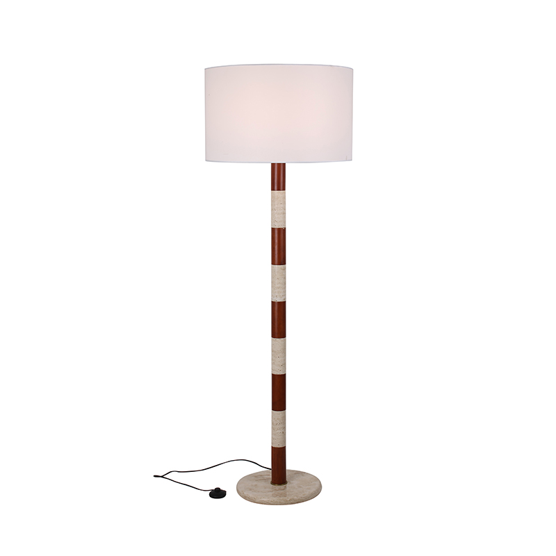 Striped Wood & Travertine Floor Lamp With Fabric Shade - Image 4