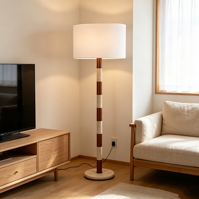 Striped Wood & Travertine Floor Lamp With Fabric Shade