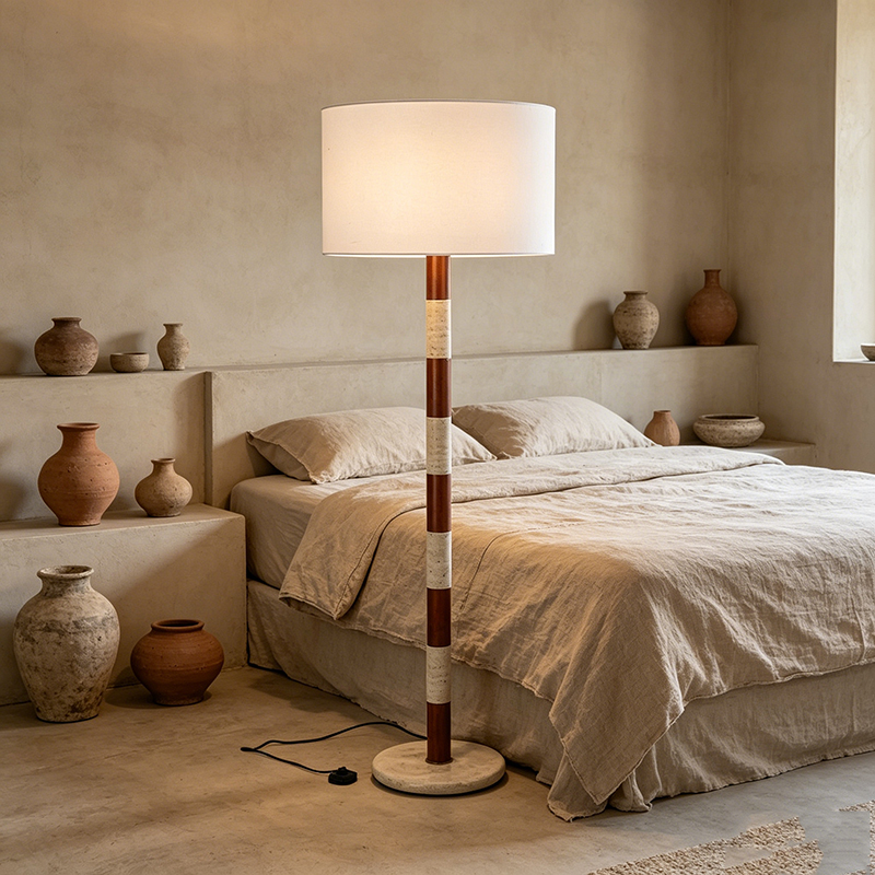 Striped Wood & Travertine Floor Lamp With Fabric Shade - Image 2