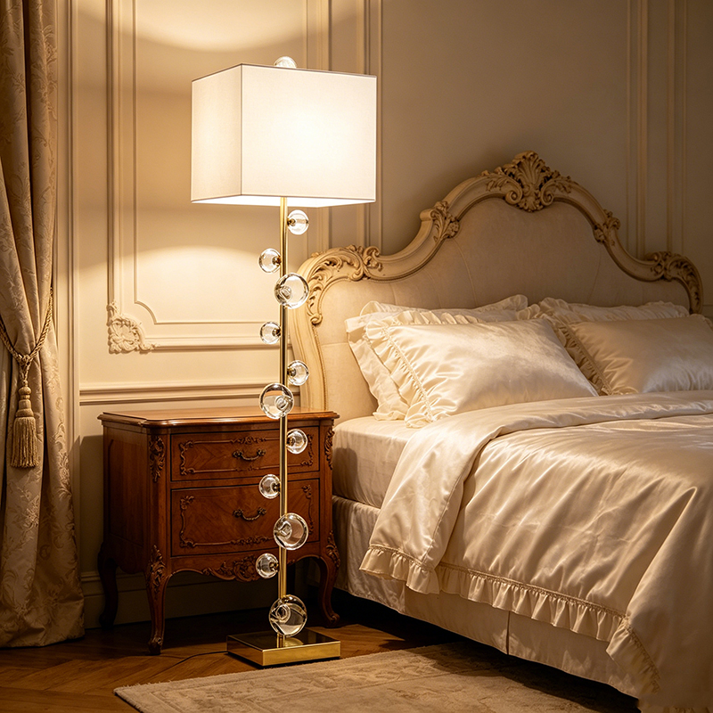Modern Geometric Floor Lamp With Crystal Accents & Fabric Shade
