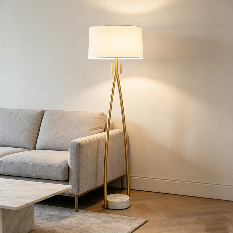 A-Frame Metal & Marble Floor Lamp With Fabric Shade