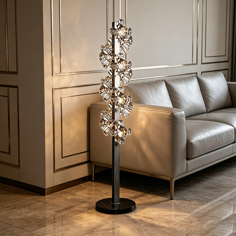 Modern Sculptural Crystal Floor Lamp With Marble Base