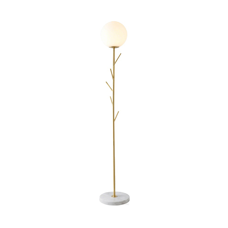 Branch-Style Brass Floor Lamp With Glass Globe & Marble Base - Image 4
