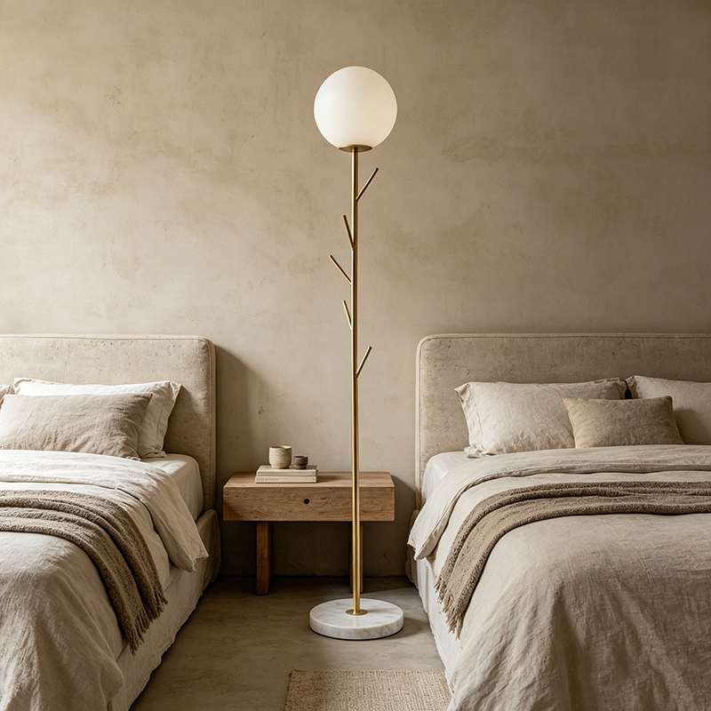 Branch-Style Brass Floor Lamp With Glass Globe & Marble Base - Image 2