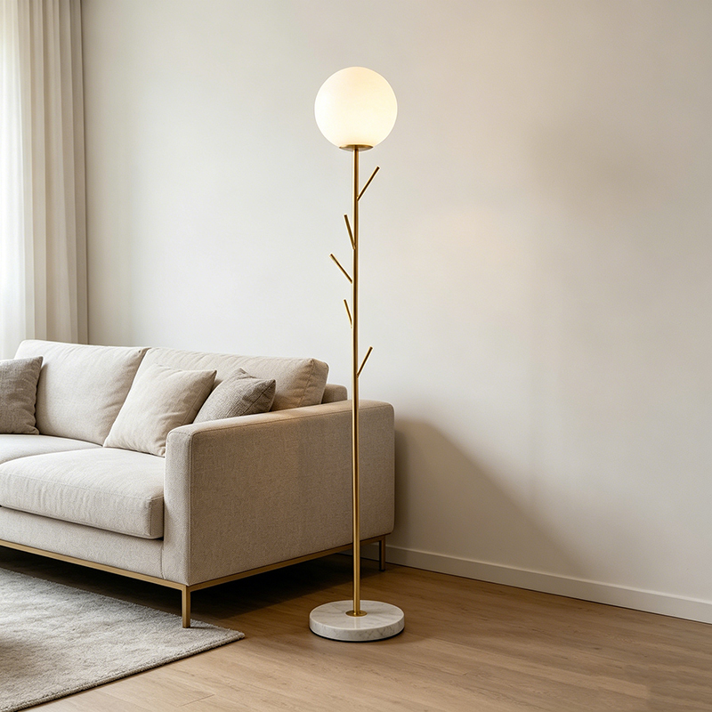 Branch-Style Brass Floor Lamp With Glass Globe & Marble Base