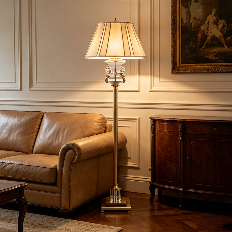 Traditional Brass Floor Lamp With Crystal Glass & Fabric Shade - Image 5